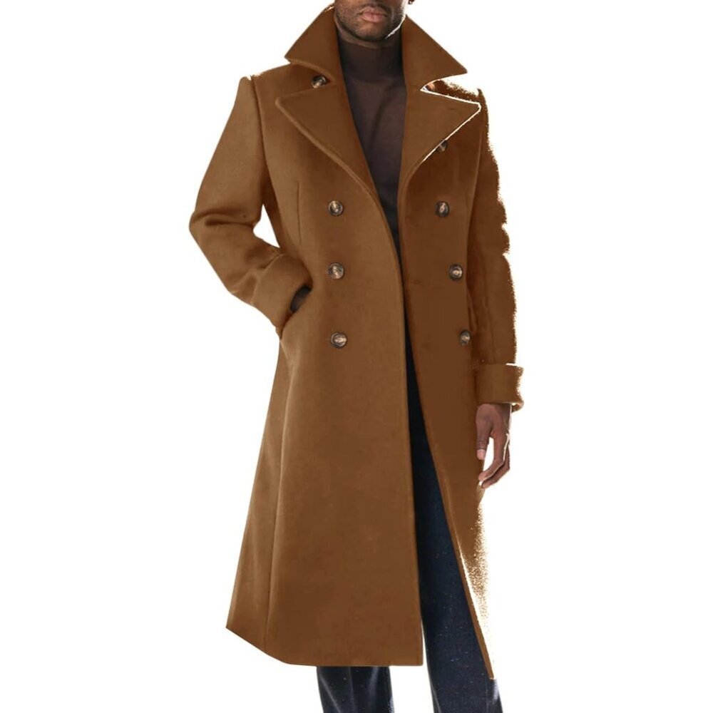 Men's Brown Trench Coat Notch Lapel Slim Fit Double Breasted Long Pea Coat